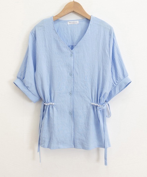 Miniministore(ミニミニストア)の「ドロストシャツブラウス パール付夏服半袖(シャツ/ブラウス・レディース・ホワイト/ブルー/ブラック・L/M)」の8枚目の写真