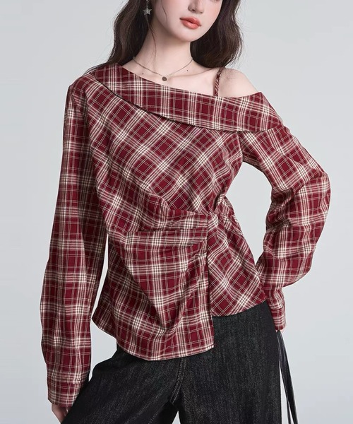 gossip!ロサンゼルス(ゴシップロサンゼルス)の「ハーフショルダー アシンメトリーチェックトップス(シャツ/ブラウス・レディース・レッド/ブラック・L/M)」の5枚目の写真