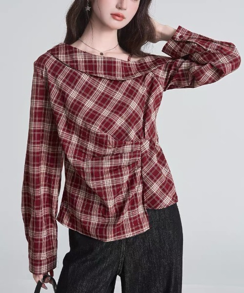 gossip!ロサンゼルス(ゴシップロサンゼルス)の「ハーフショルダー アシンメトリーチェックトップス(シャツ/ブラウス・レディース・レッド/ブラック・L/M)」の7枚目の写真