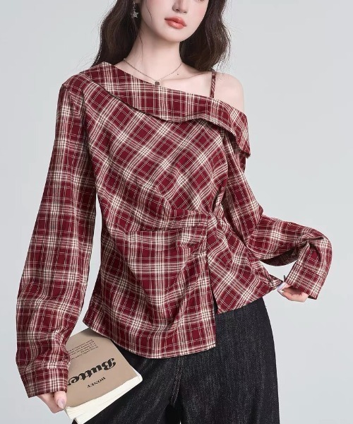 gossip!ロサンゼルス(ゴシップロサンゼルス)の「ハーフショルダー アシンメトリーチェックトップス(シャツ/ブラウス・レディース・レッド/ブラック・L/M)」の8枚目の写真