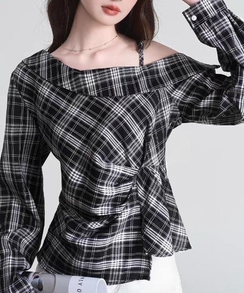 gossip!ロサンゼルス(ゴシップロサンゼルス)の「ハーフショルダー アシンメトリーチェックトップス(シャツ/ブラウス・レディース・レッド/ブラック・L/M)」の15枚目の写真