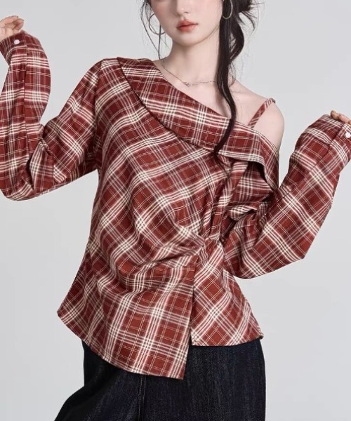 gossip!ロサンゼルス(ゴシップロサンゼルス)の「ハーフショルダー アシンメトリーチェックトップス(シャツ/ブラウス・レディース・レッド/ブラック・L/M)」の19枚目の写真