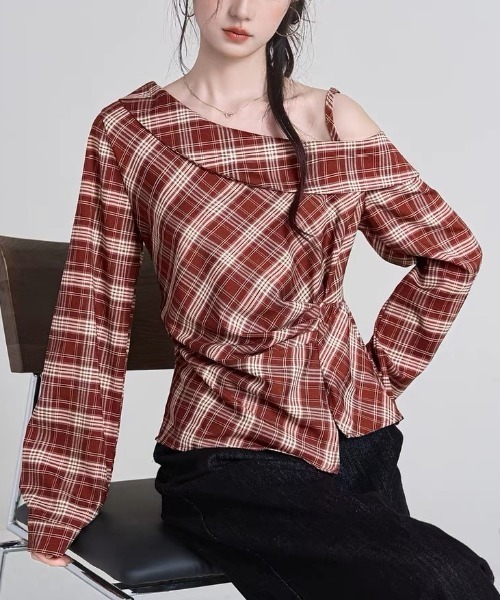 gossip!ロサンゼルス(ゴシップロサンゼルス)の「ハーフショルダー アシンメトリーチェックトップス(シャツ/ブラウス・レディース・レッド/ブラック・L/M)」の21枚目の写真