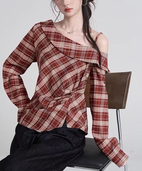gossip!ロサンゼルス(ゴシップロサンゼルス)の「ハーフショルダー アシンメトリーチェックトップス(シャツ/ブラウス・レディース・レッド/ブラック・L/M)」の22枚目の写真