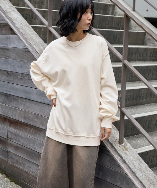 ヴィンテージ加工 ビッグシルエットダンボールクルーネックライト