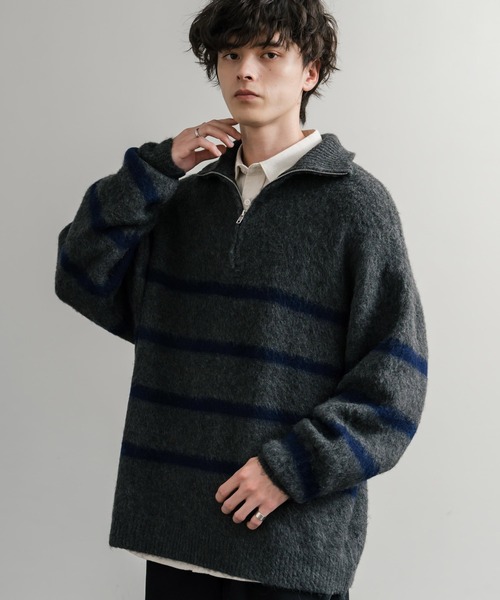 Rocky Monroe（ロッキーモンロー）の「オーバーサイズハーフジップシャギーボーダーニット/モヘアタッチハイネックニット（ニット/セーター・メンズ・ブラック/ネイビー/チャコール・M/L）」の3枚目の写真
