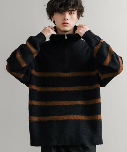 Rocky Monroe（ロッキーモンロー）の「オーバーサイズハーフジップシャギーボーダーニット/モヘアタッチハイネックニット（ニット/セーター・メンズ・ブラック/ネイビー/チャコール・M/L）」の2枚目の写真