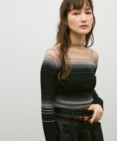 Lutim by u(ルチバイユー)の「Multi border sheer rib knit / マルチボーダーシアーリブニット(ニット/セーター・レディース・オフホワイト/ブラック・FREE)」の10枚目の写真