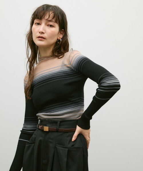 Lutim by u(ルチバイユー)の「Multi border sheer rib knit / マルチボーダーシアーリブニット(ニット/セーター・レディース・オフホワイト/ブラック・FREE)」の13枚目の写真