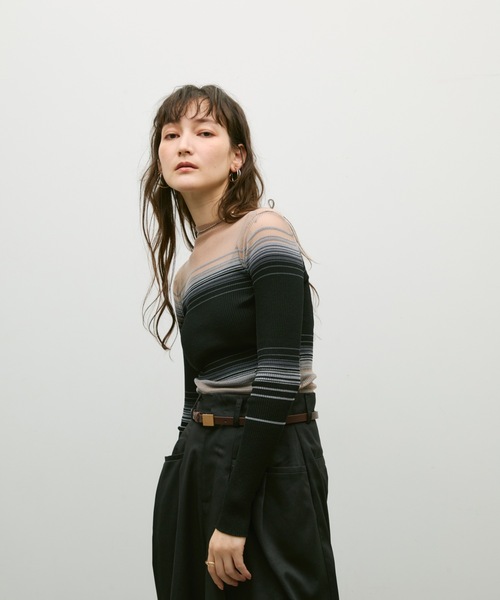 Lutim by u(ルチバイユー)の「Multi border sheer rib knit / マルチボーダーシアーリブニット(ニット/セーター・レディース・オフホワイト/ブラック・FREE)」の14枚目の写真