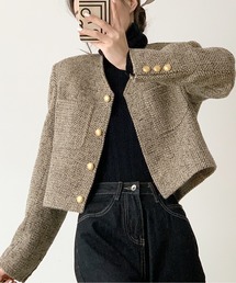 ノーカラージャケット（ブラウン/茶色系・ツイード