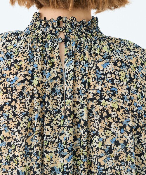 セール】ブローフラワープリント シャーリングロングワンピース