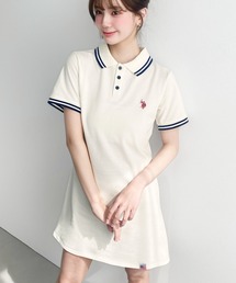 moment+別注【U.S.POLO ASSN.】ワンポイント刺繍配色ライン半袖リブポロシャツワンピース