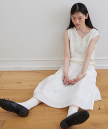 Pleated banding wide skirt_WHITE