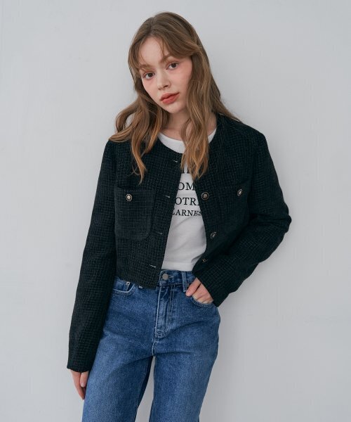 セール】ラウンドネックツイードクロップジャケット(ブラック