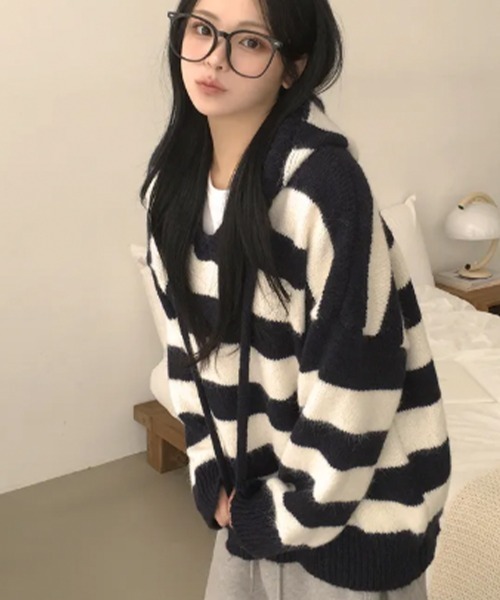 VIVID LADY（ビビッドレディー）の「ボーダー柄 ルーズフィット ニットパーカー（ニット/セーター・レディース・レッド/ブラウン/ライトグレー/カーキ/ネイビー・FREE）」の14枚目の写真