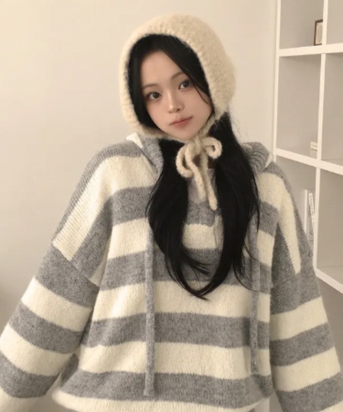 VIVID LADY（ビビッドレディー）の「ボーダー柄 ルーズフィット ニットパーカー（ニット/セーター・レディース・レッド/ブラウン/ライトグレー/カーキ/ネイビー・FREE）」の17枚目の写真