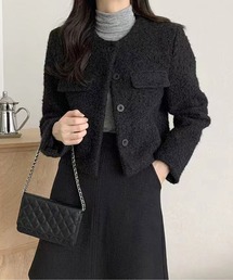 ノーカラージャケット（ブラック/黒色系・ワンポイント）ファッション