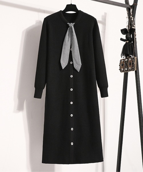 AMAJI(アマジ)の「チェックボウタイニットワンピース(ワンピース・レディース・グレー/ブラック・LARGE/X-LARGE/MEDIUM)」の1枚目の写真