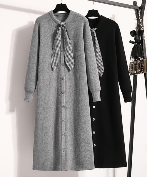 AMAJI(アマジ)の「チェックボウタイニットワンピース(ワンピース・レディース・グレー/ブラック・LARGE/X-LARGE/MEDIUM)」の7枚目の写真