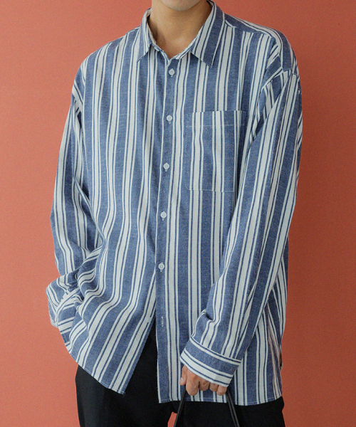 NUBINDA（ヌビンダ）の「フレンチストライプオーバーシャツ[ブルー]（シャツ/ブラウス・メンズ・ブルー・M/L）」の2枚目の写真