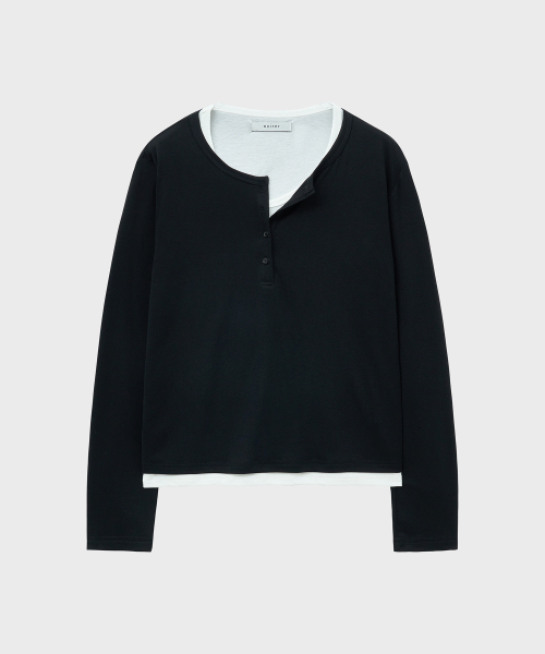 NOIRER FOR WOMAN（ノイアーフォーウーマン）の「レイヤードヘンリーネックTシャツ（ブラックアイボリー）（Tシャツ/カットソー・レディース・その他・FREE）」の2枚目の写真