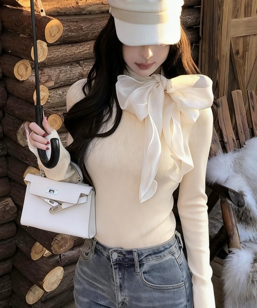MAISON DE THERESE(メゾン ド テレーズ)の「ネック紐リボン長袖ニットトップス ロン T(ニット/セーター・レディース・ブラック/ホワイト/ベージュ/パープル・FREE)」の3枚目の写真