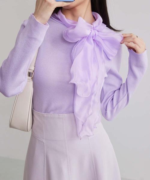 MAISON DE THERESE(メゾン ド テレーズ)の「ネック紐リボン長袖ニットトップス ロン T(ニット/セーター・レディース・ブラック/ホワイト/ベージュ/パープル・FREE)」の4枚目の写真