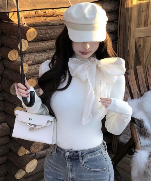 MAISON DE THERESE(メゾン ド テレーズ)の「ネック紐リボン長袖ニットトップス ロン T(ニット/セーター・レディース・ブラック/ホワイト/ベージュ/パープル・FREE)」の8枚目の写真
