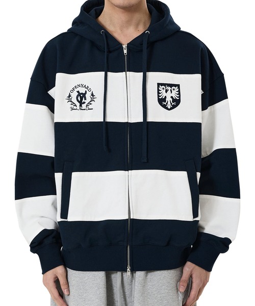 OY(オーワイ)の「『OY/オーワイ』STRIPE EMBLEM HOODIE ZIP UP/ボーダーエンブレムジップアップパーカー(パーカー・レディース・グレー/ネイビー・L/M)」の3枚目の写真