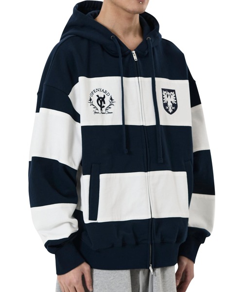 OY(オーワイ)の「『OY/オーワイ』STRIPE EMBLEM HOODIE ZIP UP/ボーダーエンブレムジップアップパーカー(パーカー・レディース・グレー/ネイビー・L/M)」の4枚目の写真