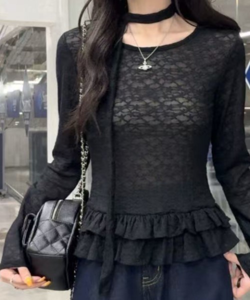 Ada.(エイダ)の「裾フリル チョーカー付き レースデザイン カットソー(Tシャツ/カットソー・レディース・ブラック/ホワイト・FREE)」の2枚目の写真