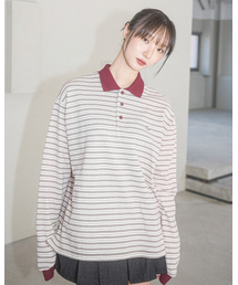 AURORA STRIPE COLLAR L/S TEE(IVORY)