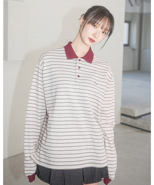 Aurora Stripe Collar L/S Tee (ivory) — футболка с длинным рукавом и воротником‑полоской, айвори
