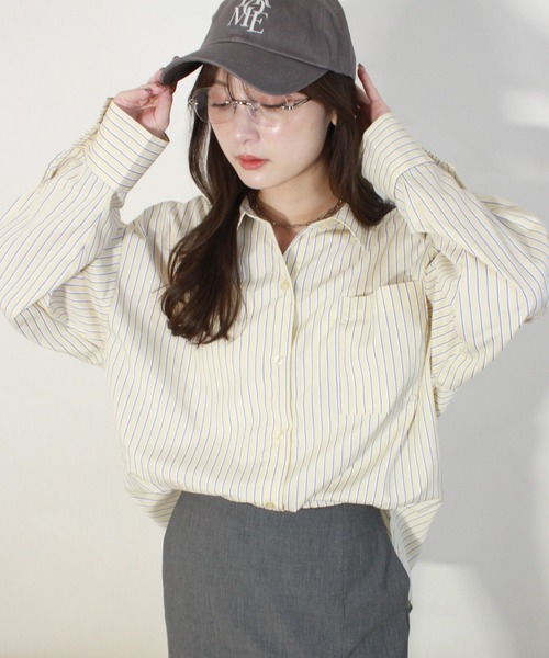 Reurie'（レウリィ）の「オーバーストライプシャツ / 長袖 羽織り メンズライク カジュアル 韓国 ノームコア（シャツ/ブラウス・レディース・ブルー/イエロー・FREE）」の3枚目の写真