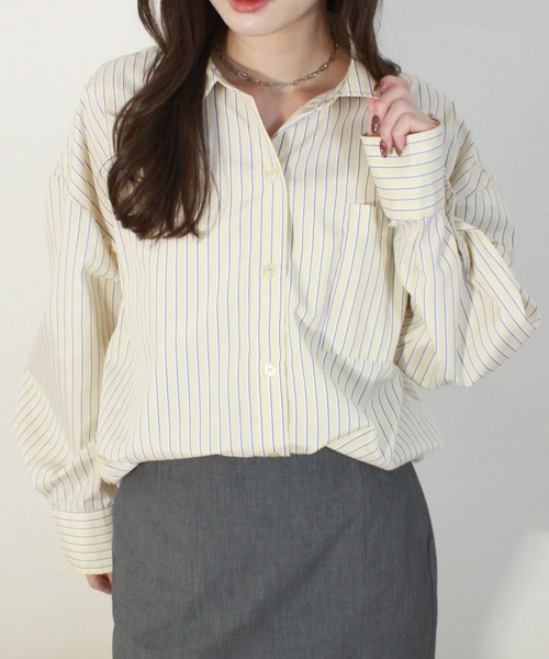 Reurie'（レウリィ）の「オーバーストライプシャツ / 長袖 羽織り メンズライク カジュアル 韓国 ノームコア（シャツ/ブラウス・レディース・ブルー/イエロー・FREE）」の6枚目の写真
