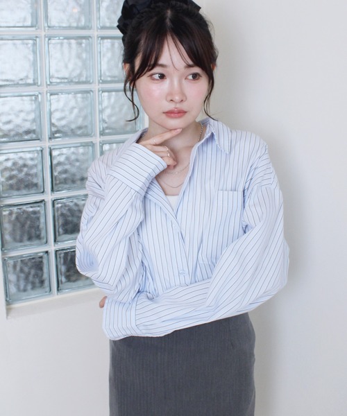 Reurie'（レウリィ）の「オーバーストライプシャツ / 長袖 羽織り メンズライク カジュアル 韓国 ノームコア（シャツ/ブラウス・レディース・ブルー/イエロー・FREE）」の11枚目の写真