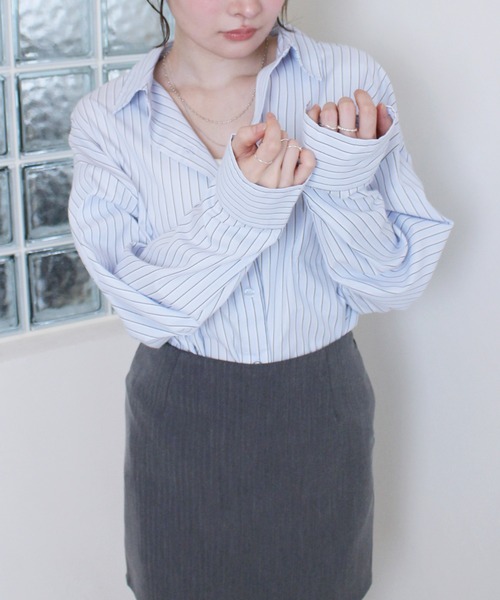 Reurie'（レウリィ）の「オーバーストライプシャツ / 長袖 羽織り メンズライク カジュアル 韓国 ノームコア（シャツ/ブラウス・レディース・ブルー/イエロー・FREE）」の16枚目の写真