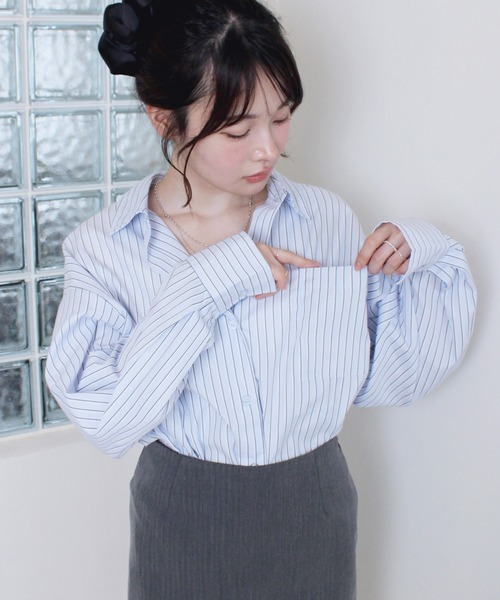 Reurie'（レウリィ）の「オーバーストライプシャツ / 長袖 羽織り メンズライク カジュアル 韓国 ノームコア（シャツ/ブラウス・レディース・ブルー/イエロー・FREE）」の20枚目の写真