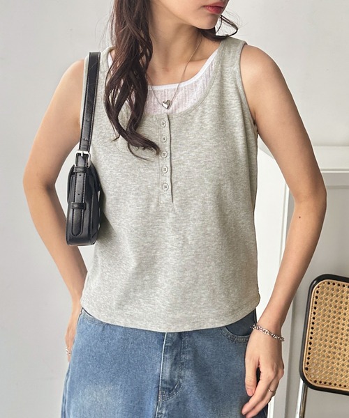 GeeRA(ジーラ)の「ヘンリーネックレイヤード風タンクトップ(タンクトップ・レディース・ブラック/杢グレー/ネイビー・MEDIUM/LARGE/X-LARGE)」の16枚目の写真