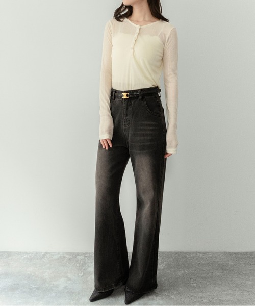 on:nue（オンニュ）の「【on:nue】[キャミ付き/着用動画あり！] シアーリブヘンリーネックカットソー /2026 SS COLLECTION（Tシャツ/カットソー・レディース・ブラック/スカイブルー/イエロー系その他/グレー・FREE）」の12枚目の写真