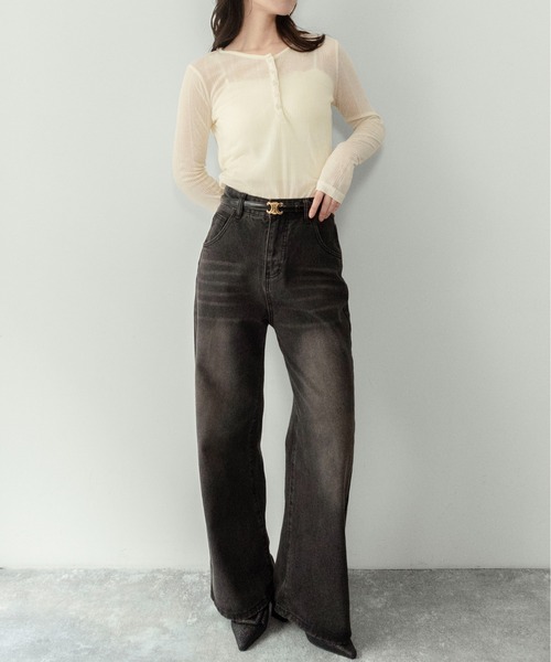 on:nue（オンニュ）の「【on:nue】[キャミ付き/着用動画あり！] シアーリブヘンリーネックカットソー /2026 SS COLLECTION（Tシャツ/カットソー・レディース・ブラック/スカイブルー/イエロー系その他/グレー・FREE）」の16枚目の写真