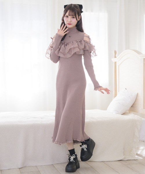 couture BY ROJITA(クチュールバイロジータ)の「シアーフリル肩開きニットワンピース(ワンピース・レディース・ピンク系その他/ブラック/アイボリー・FREE)」の6枚目の写真
