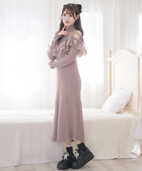 couture BY ROJITA(クチュールバイロジータ)の「シアーフリル肩開きニットワンピース(ワンピース・レディース・ピンク系その他/ブラック/アイボリー・FREE)」の7枚目の写真