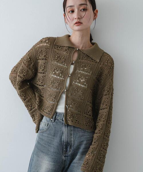 SENSE OF PLACE by URBAN RESEARCH（センスオブプレイスバイアーバンリサーチ）の「『洗濯可』レースアミエリツキニットカーディガン（カーディガン/ボレロ・レディース・カーキ/アイボリー/ブラック・ONE）」の3枚目の写真