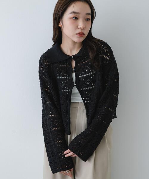 SENSE OF PLACE by URBAN RESEARCH（センスオブプレイスバイアーバンリサーチ）の「『洗濯可』レースアミエリツキニットカーディガン（カーディガン/ボレロ・レディース・カーキ/アイボリー/ブラック・ONE）」の2枚目の写真
