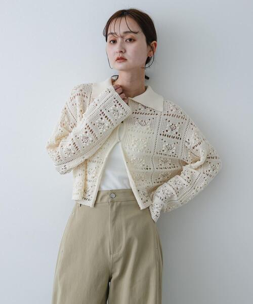 SENSE OF PLACE by URBAN RESEARCH（センスオブプレイスバイアーバンリサーチ）の「『洗濯可』レースアミエリツキニットカーディガン（カーディガン/ボレロ・レディース・カーキ/アイボリー/ブラック・ONE）」の4枚目の写真