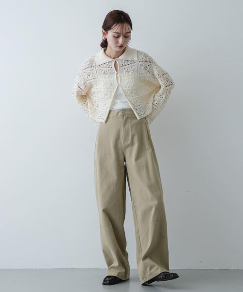 SENSE OF PLACE by URBAN RESEARCH（センスオブプレイスバイアーバンリサーチ）の「『洗濯可』レースアミエリツキニットカーディガン（カーディガン/ボレロ・レディース・カーキ/アイボリー/ブラック・ONE）」の6枚目の写真