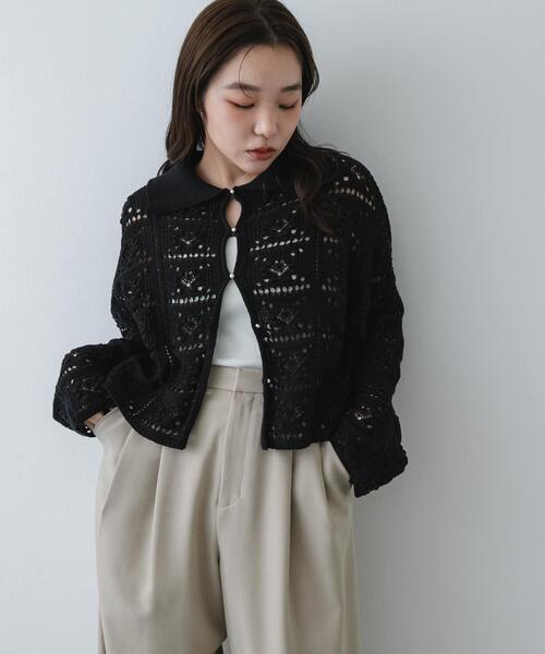 SENSE OF PLACE by URBAN RESEARCH（センスオブプレイスバイアーバンリサーチ）の「『洗濯可』レースアミエリツキニットカーディガン（カーディガン/ボレロ・レディース・カーキ/アイボリー/ブラック・ONE）」の11枚目の写真
