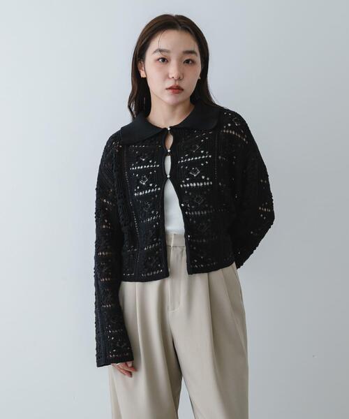 SENSE OF PLACE by URBAN RESEARCH（センスオブプレイスバイアーバンリサーチ）の「『洗濯可』レースアミエリツキニットカーディガン（カーディガン/ボレロ・レディース・カーキ/アイボリー/ブラック・ONE）」の12枚目の写真